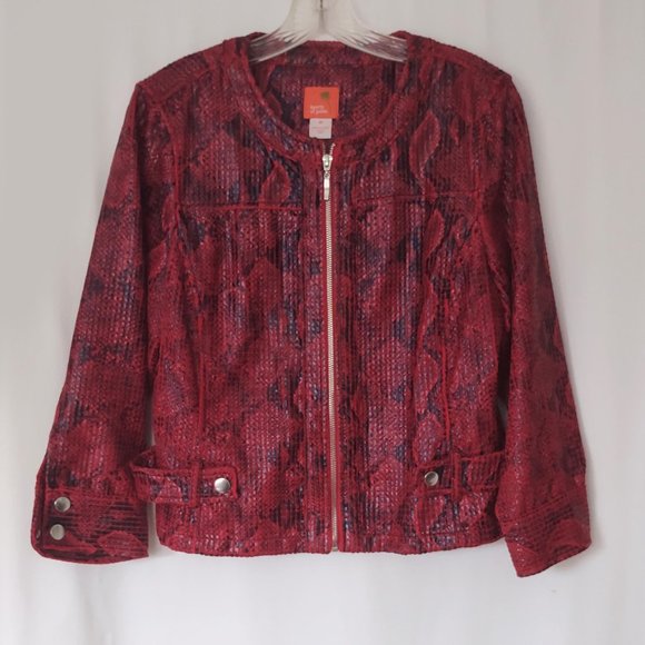 Hearts of Palm Faux Vegan Snakeskin Leather Jacket Size 10 EUC Red Black Zip - Picture 1 of 7